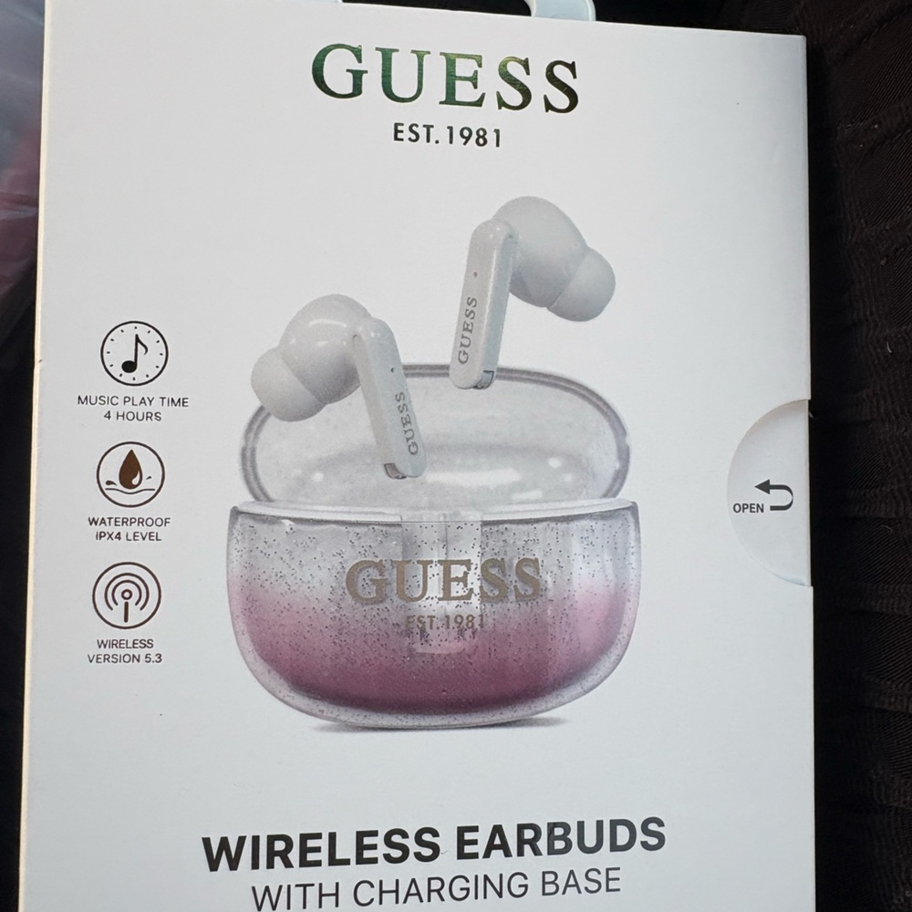 Guess White and Pink Wireless Earbuds with Charging Base
